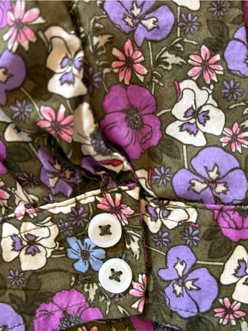 Talbots Floral Button-Front Ruffled Collar Blouse – Purple, Cream & Brown - Picture 10 of 12